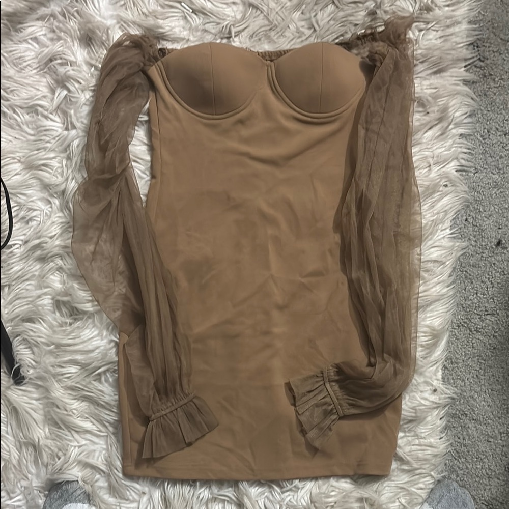 Parisian Works Tan Ruffled Bustier Mini Dress